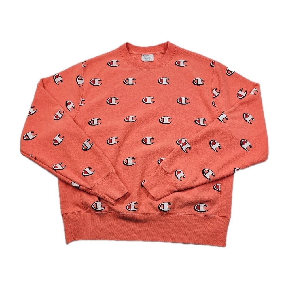 Champion Reverse Weave Pink Peach All Over Print Logo Medium Sweatshirt Pullover